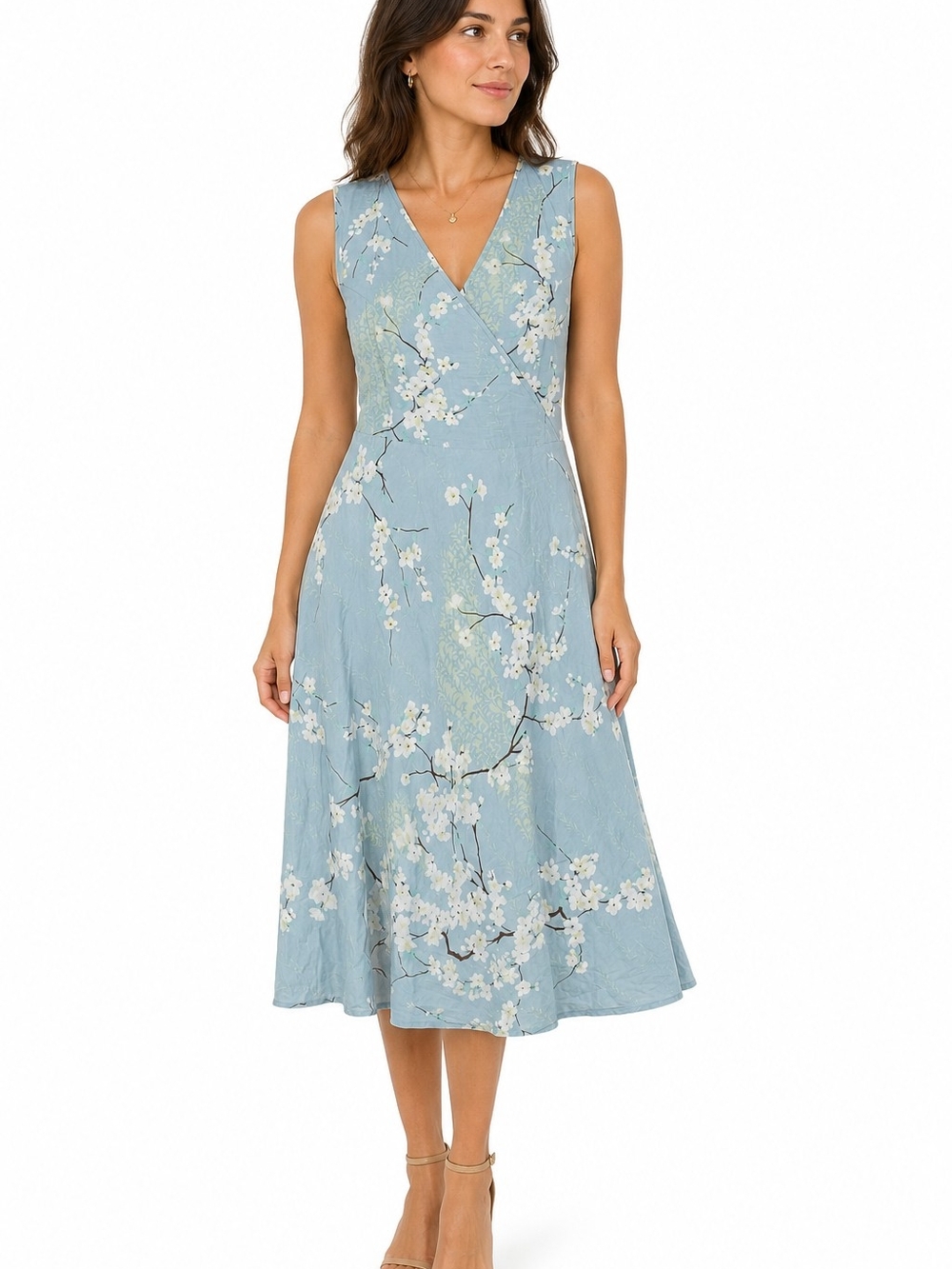 Vintage Blue Floral Silk Cotton Midi Dress Cottagecore Tie Waist Lined Spring LG